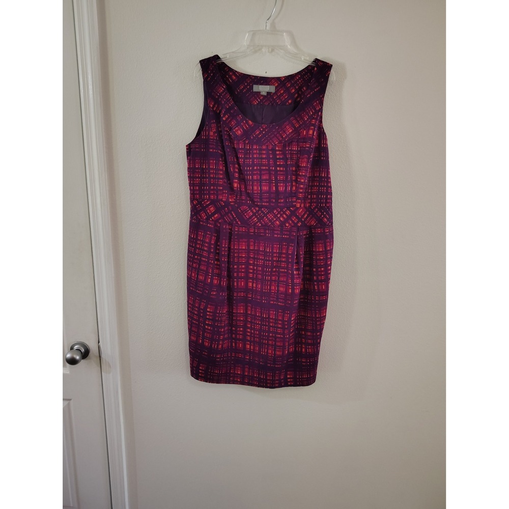 Merona Collection Purple Red Geometric Plaid‎ Sleeveless Sheath Dress Womens 14